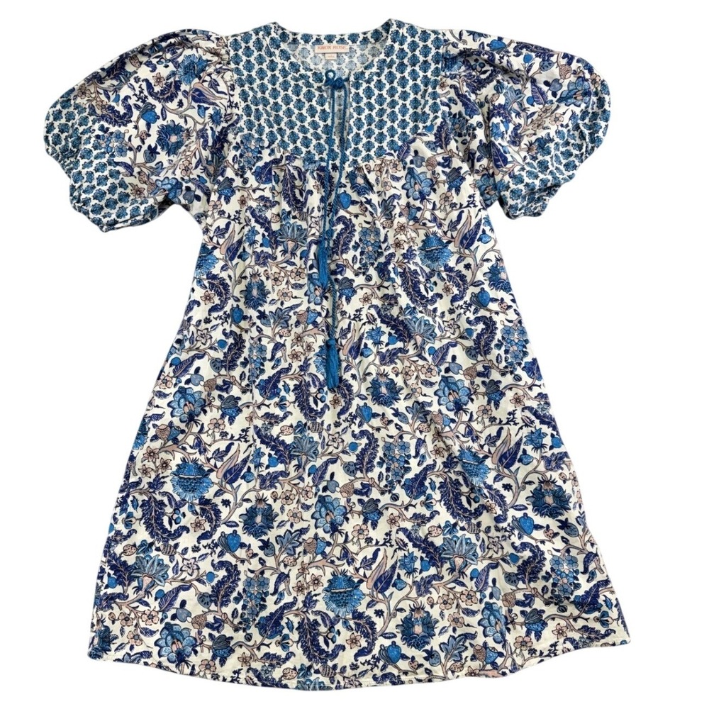 Knox Rose Blue Floral Puff Sleeve Boho Mini Dress Small Tassel Tie Split Neck
